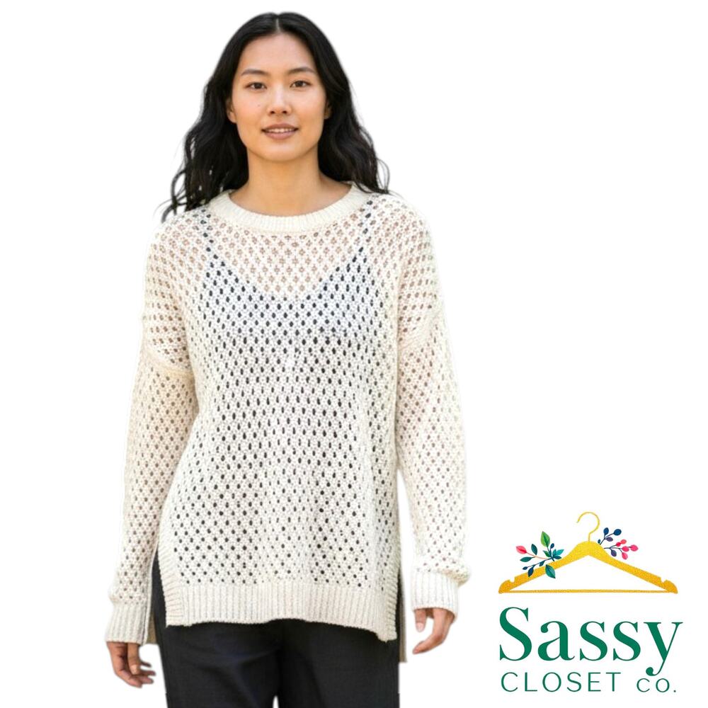 New In Cream Open Knit Crochet Sweater L NWOT Beach Cover Up Loose Mesh Pullover